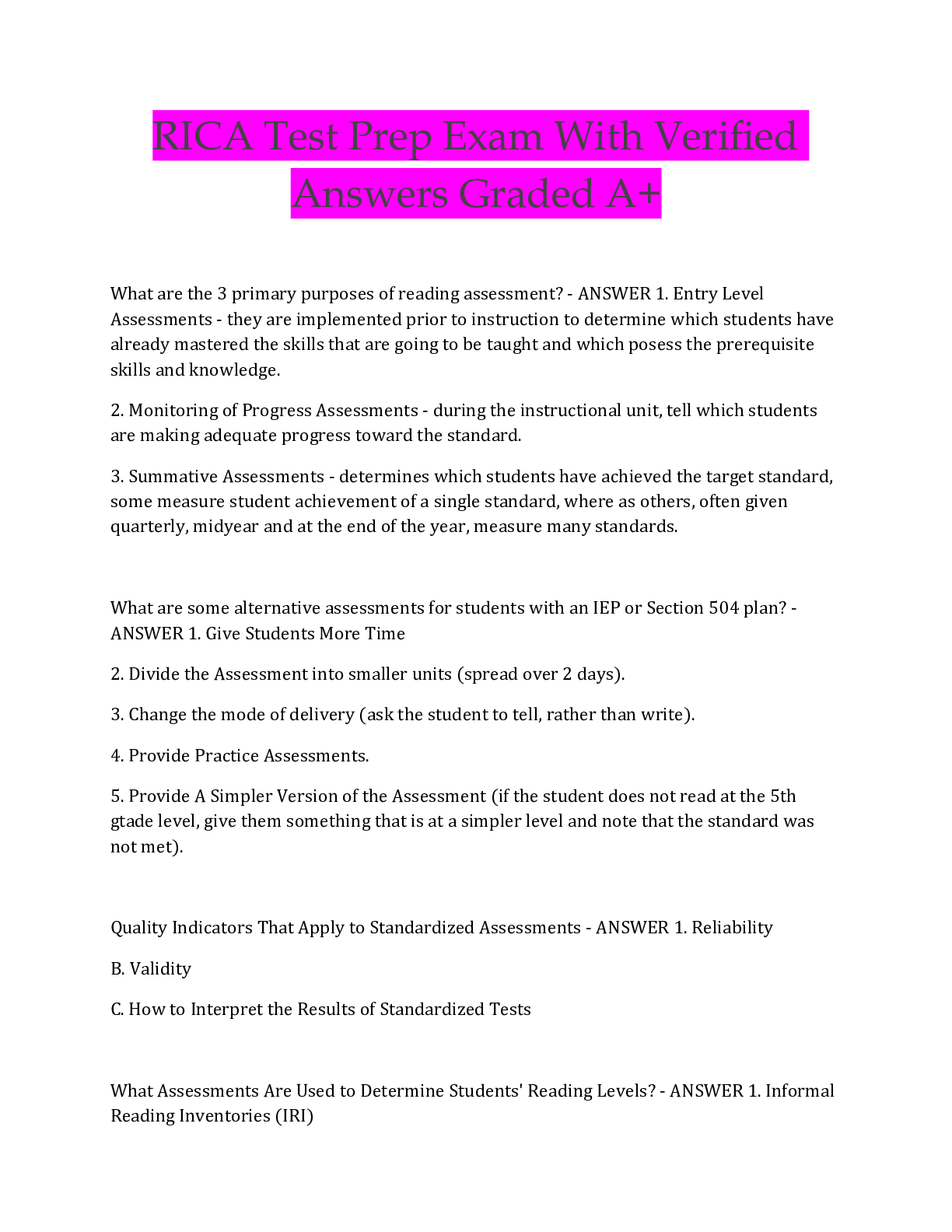 Preview image for RICA Test Prep Exam With Verified  Answers Graded A+